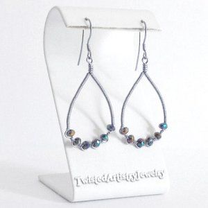 Rainbow Crystals Wire Wrapped ZigZag Teardrop Hoop Earrings